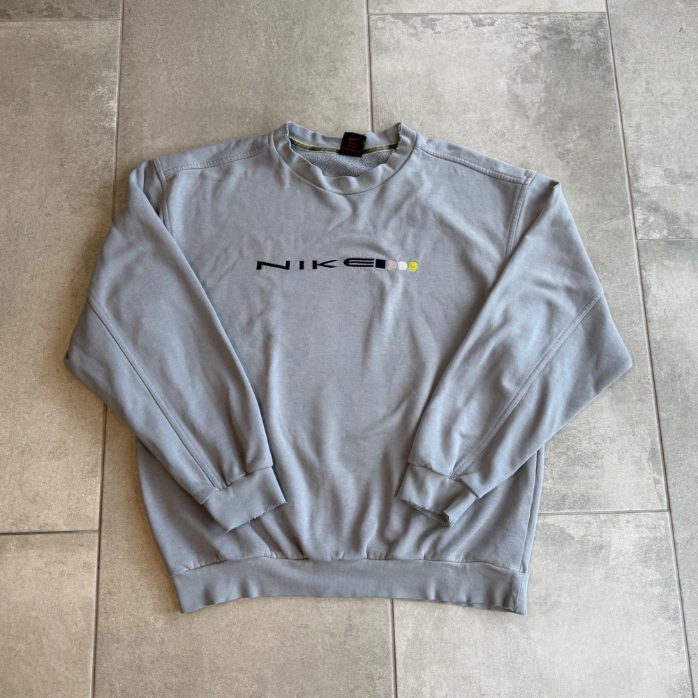 Vintage 90s Nike Crewneck Sweatshirt Blue Grey Distressed Graphic Mens Medium